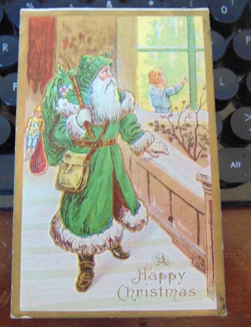 Vintage 1910s Christmas Postcard SANTA CLAUS in GREEN ROBE at House Window