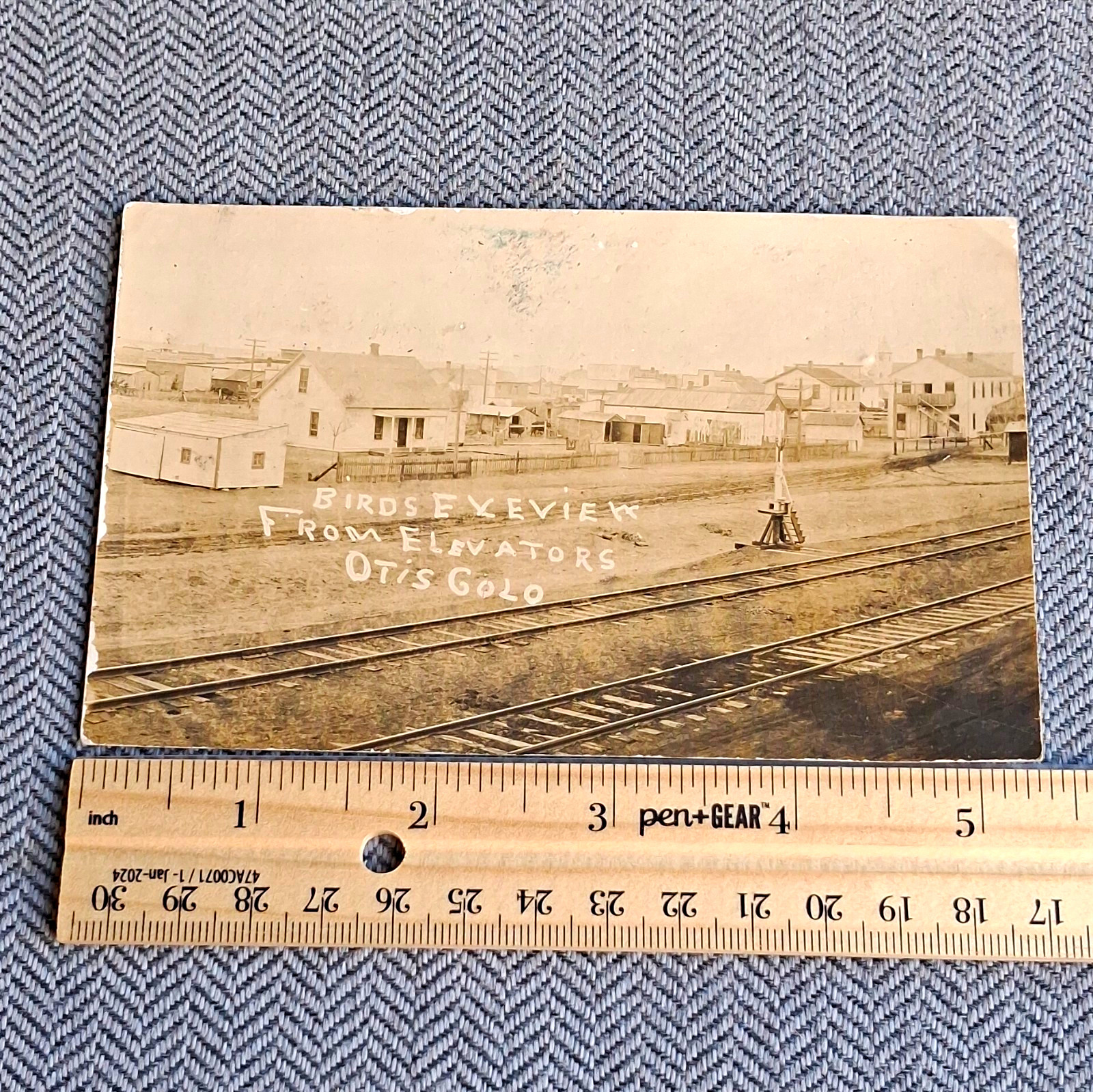 Real Photo RPPC Birds Eye View from Elevators, Otis Colorado Railroad Tracks