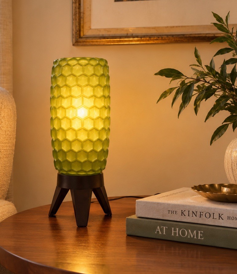 Vintage MCM Green Atomic Honeycomb Table Lamp Plastic Blow Mold Tripod 60s Works