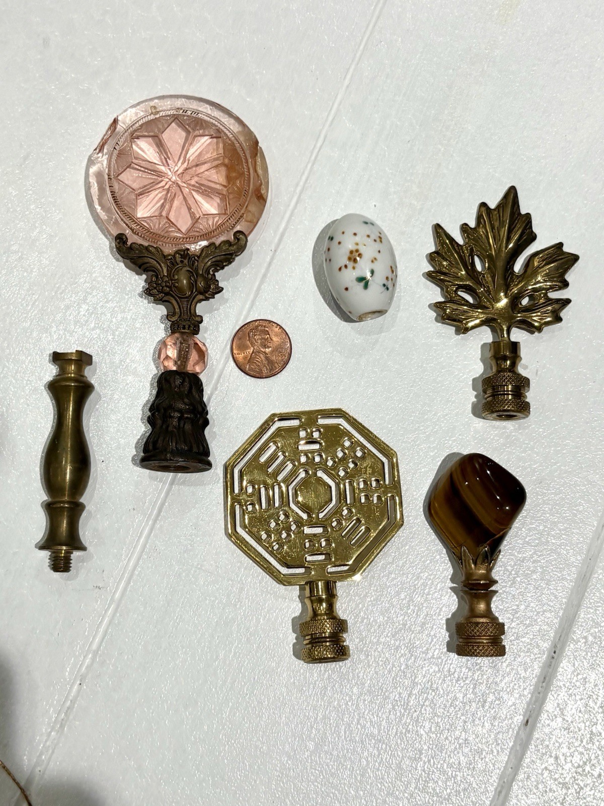 Vtg Unique Lamp Finial Cast  Brass Steel Glass Light Fixture Art  6 Pc Stone
