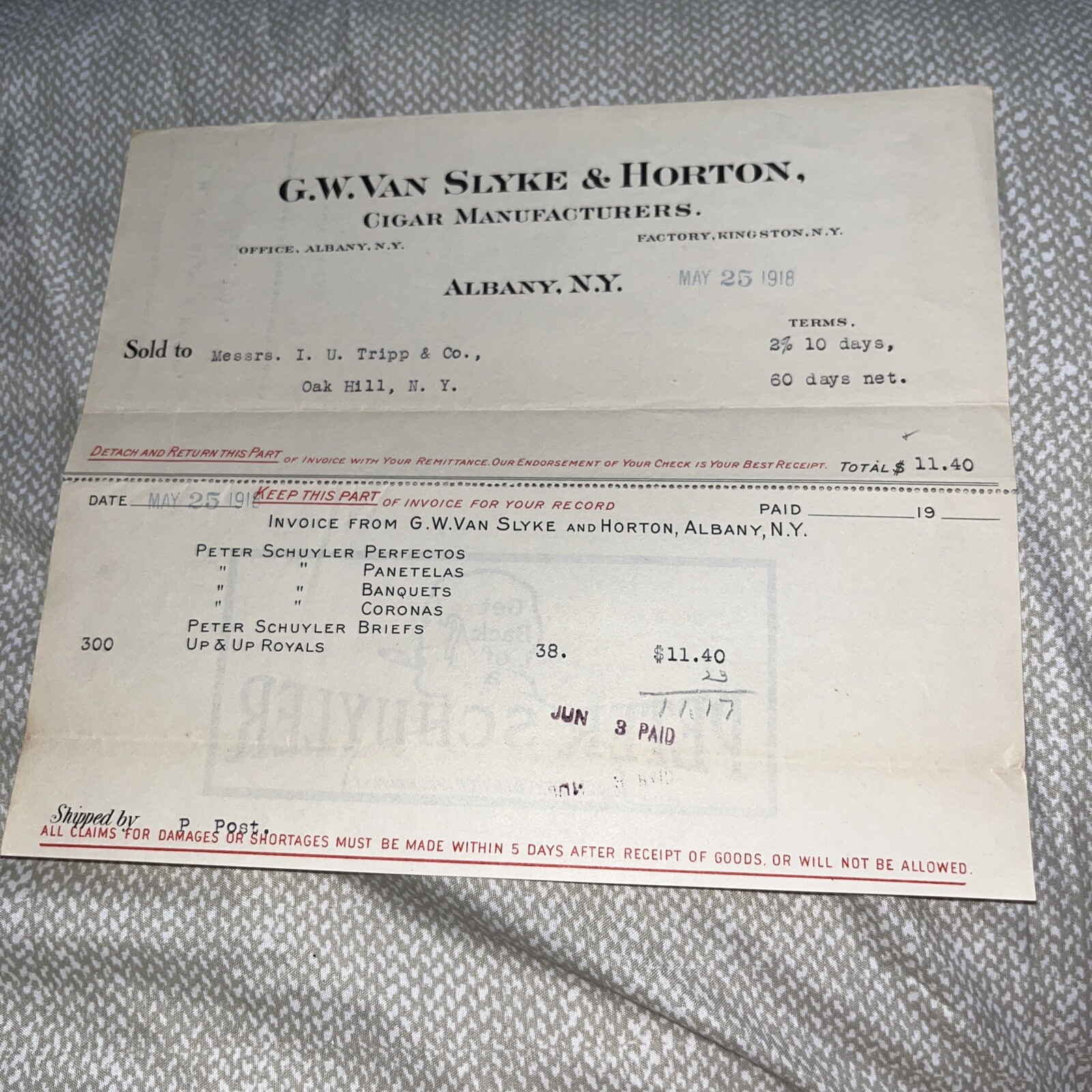 Antique 1918 G W Van Slyke & Horton Cigar Manufacturers Invoice Peter Schuyler