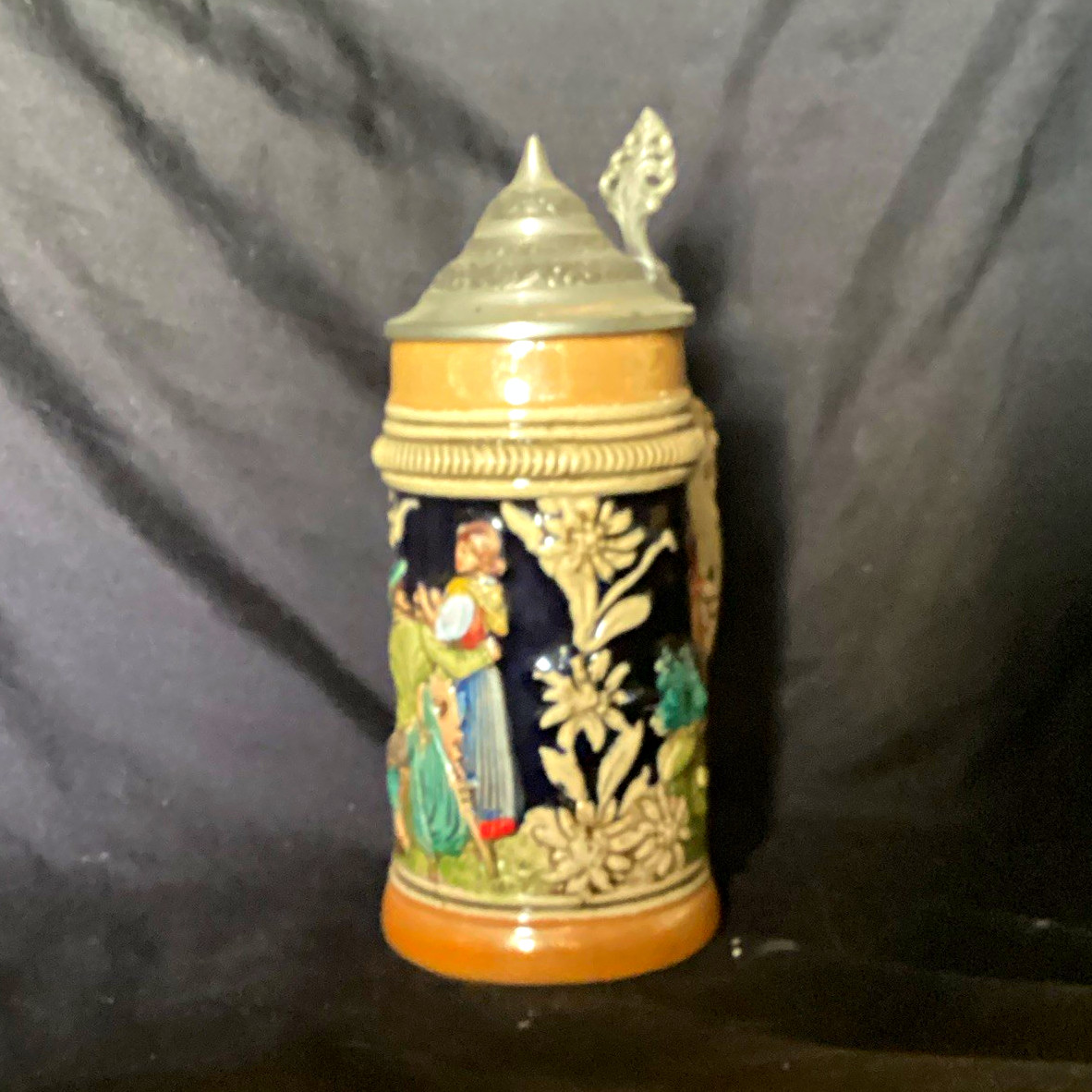 German-Style Lidded Beer Stein Mug with Pewter Hinged Lid, Relief Scene