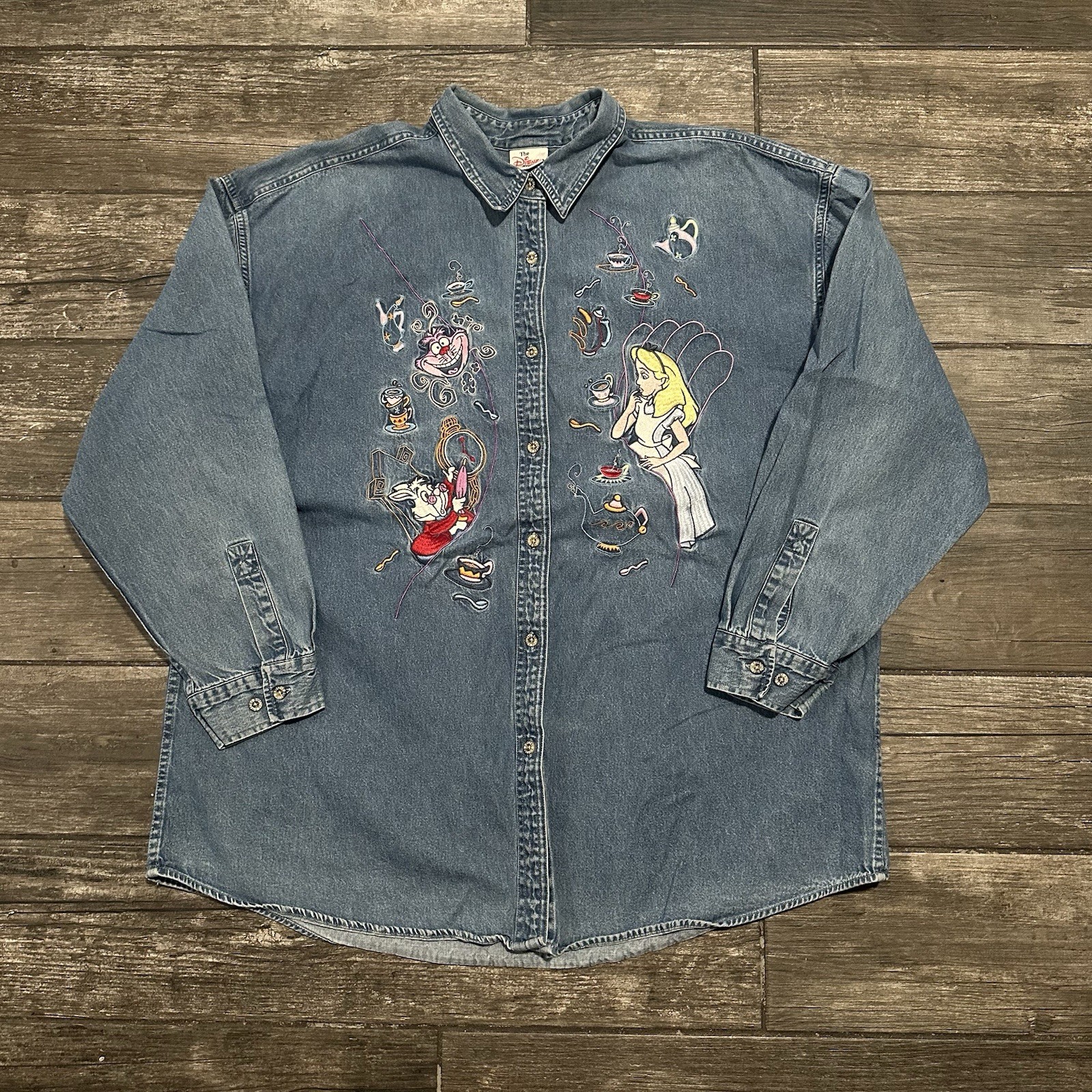 VTG DISNEY ALICE IN WONDERLAND TEA PARTY EMBROIDERED DENIM LONG SLEEVE SHIRT XXL