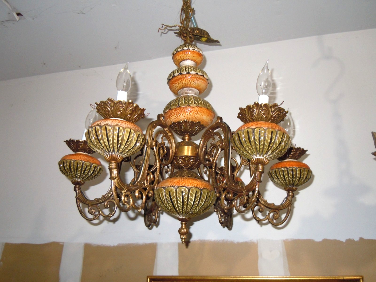 VINTAGE ARTS & CRAFT ORIGINAL LARGE UNUSUAL BRASS & CERAMIC 6 ARM LIGHT FIXTURE