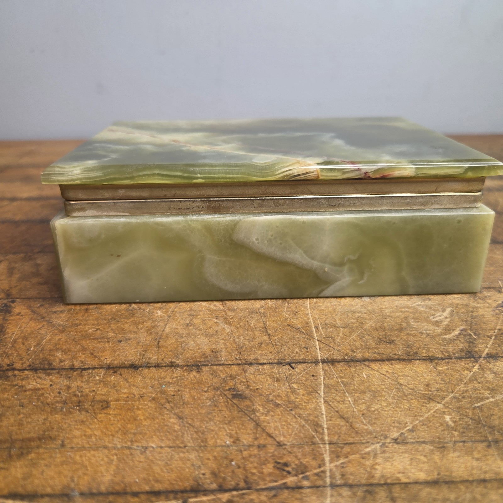 Vintage Stone Green Onyx Trinket Box Hinged Lid Marshall Fields 