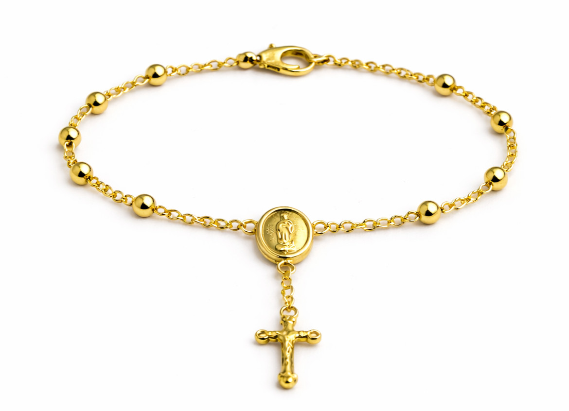 Real Italian 1/200 14K Yellow Gold Oro Overlay Catholic Cross Crucifix  Bracelet