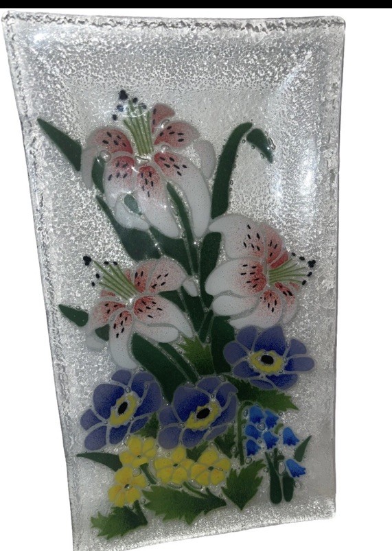 Pretty Vintage Fused Glass Platter Rectangle 14 Inch Peggy Karr Orchids