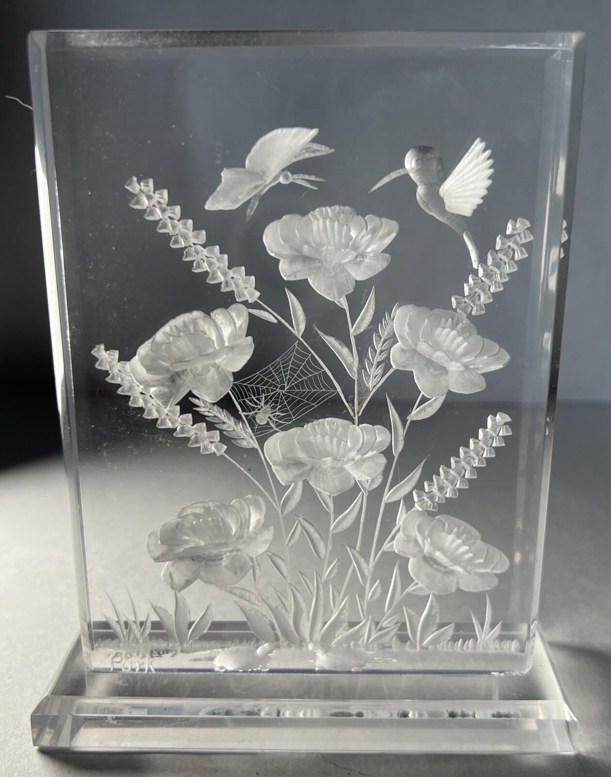 Purk Signed Vintage Hand Etched Lucite or Acrylic Spider, Hummingbird, Flowers..