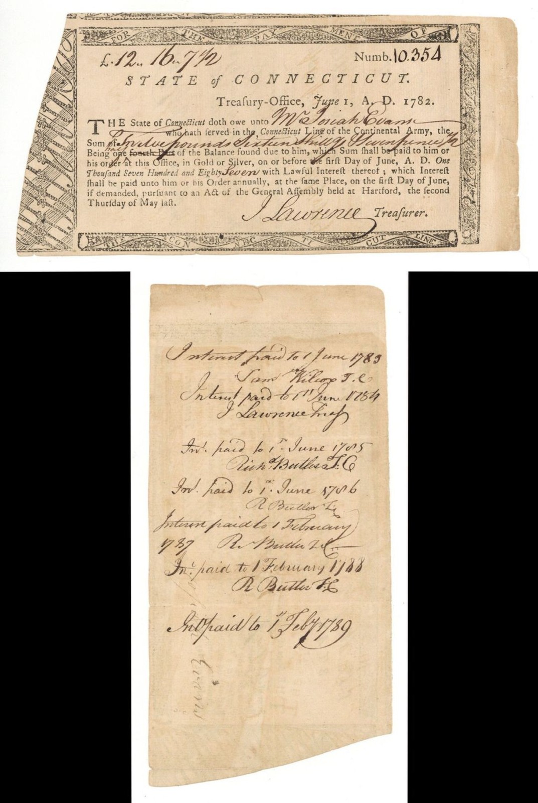 1782 dated Continental Army Connecticut Line Bond issued to Josiah Evans and S
