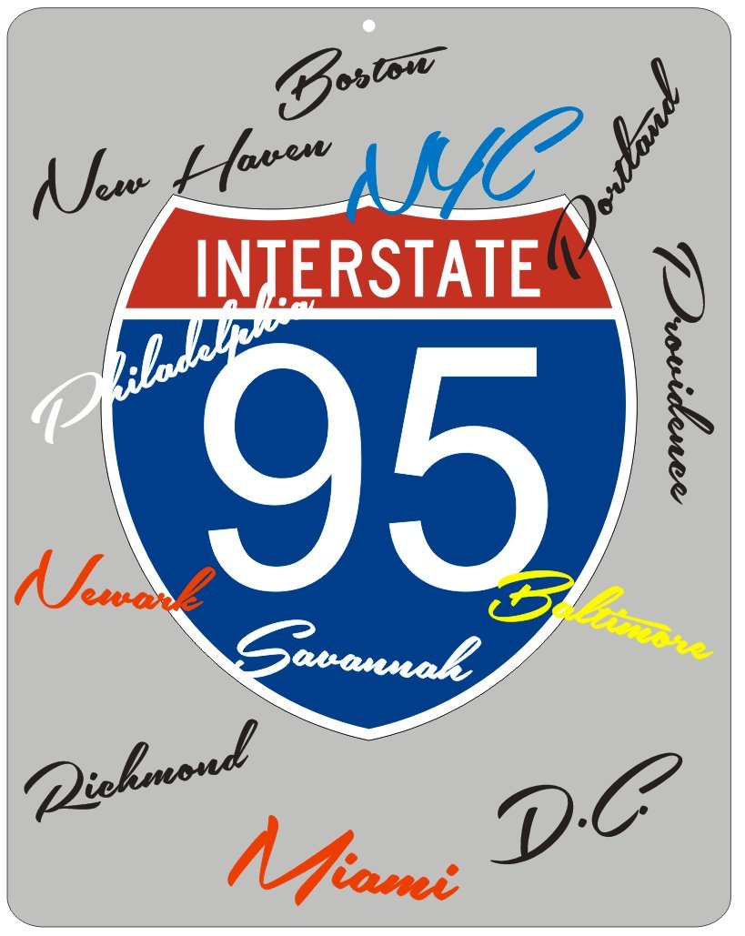 I-95 metal Interstate highway sign - Miami to Savannah to D.C. to New York