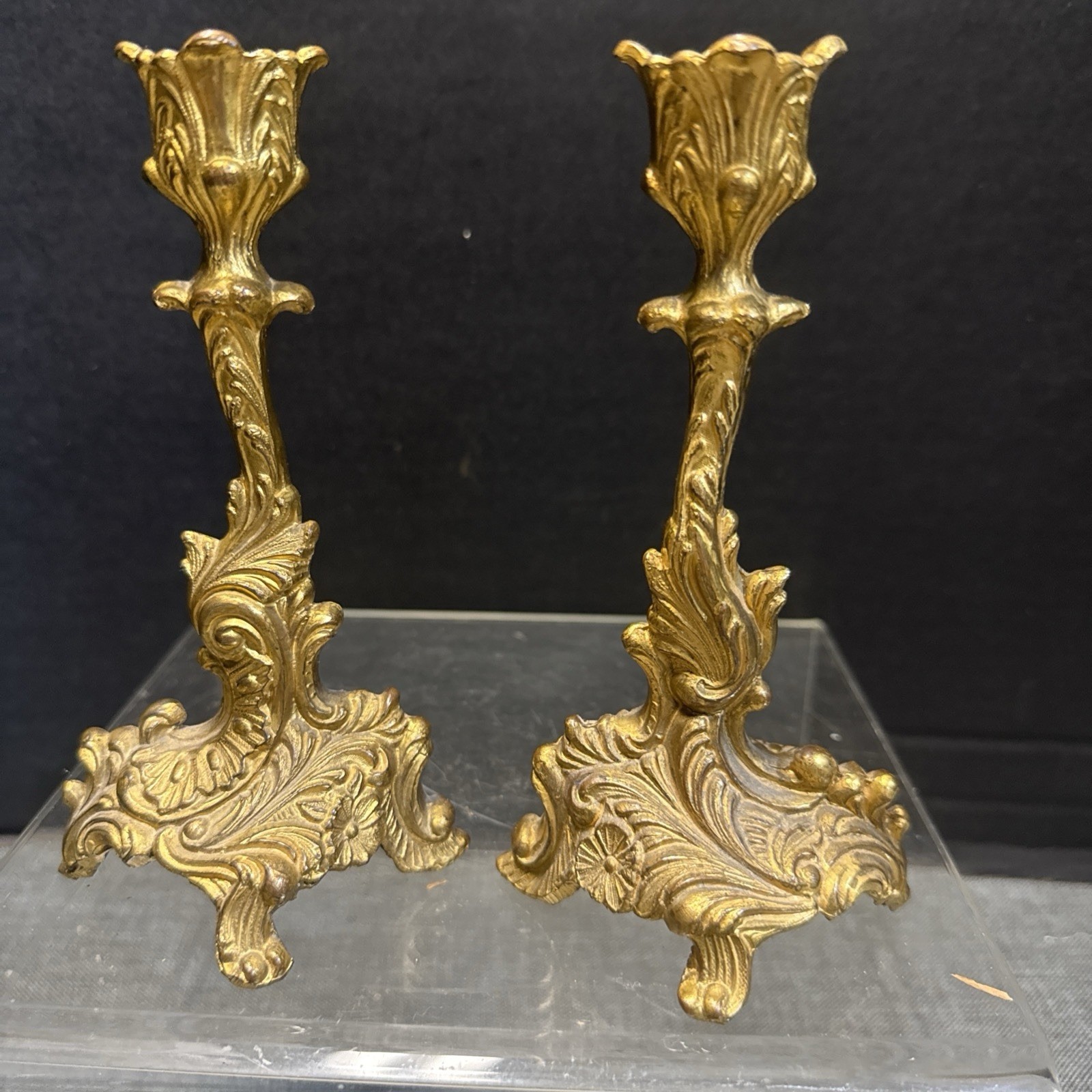 Pair Antique French Rococo Style Fluted Swirl Candlesticks 6.5”