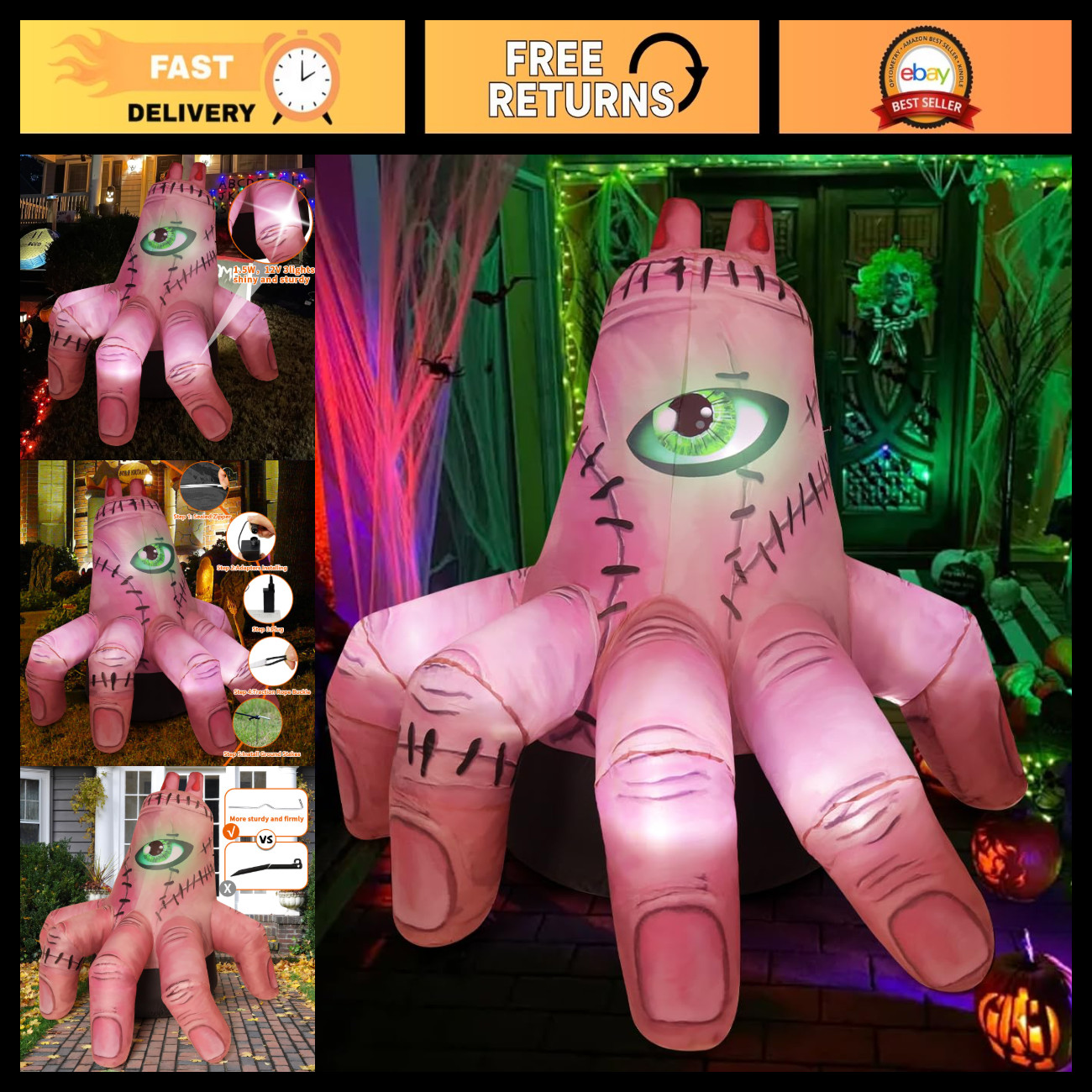 6FT Halloween Inflatable Scary Giant Yard Decoration with LEDs - Outdoor Party D