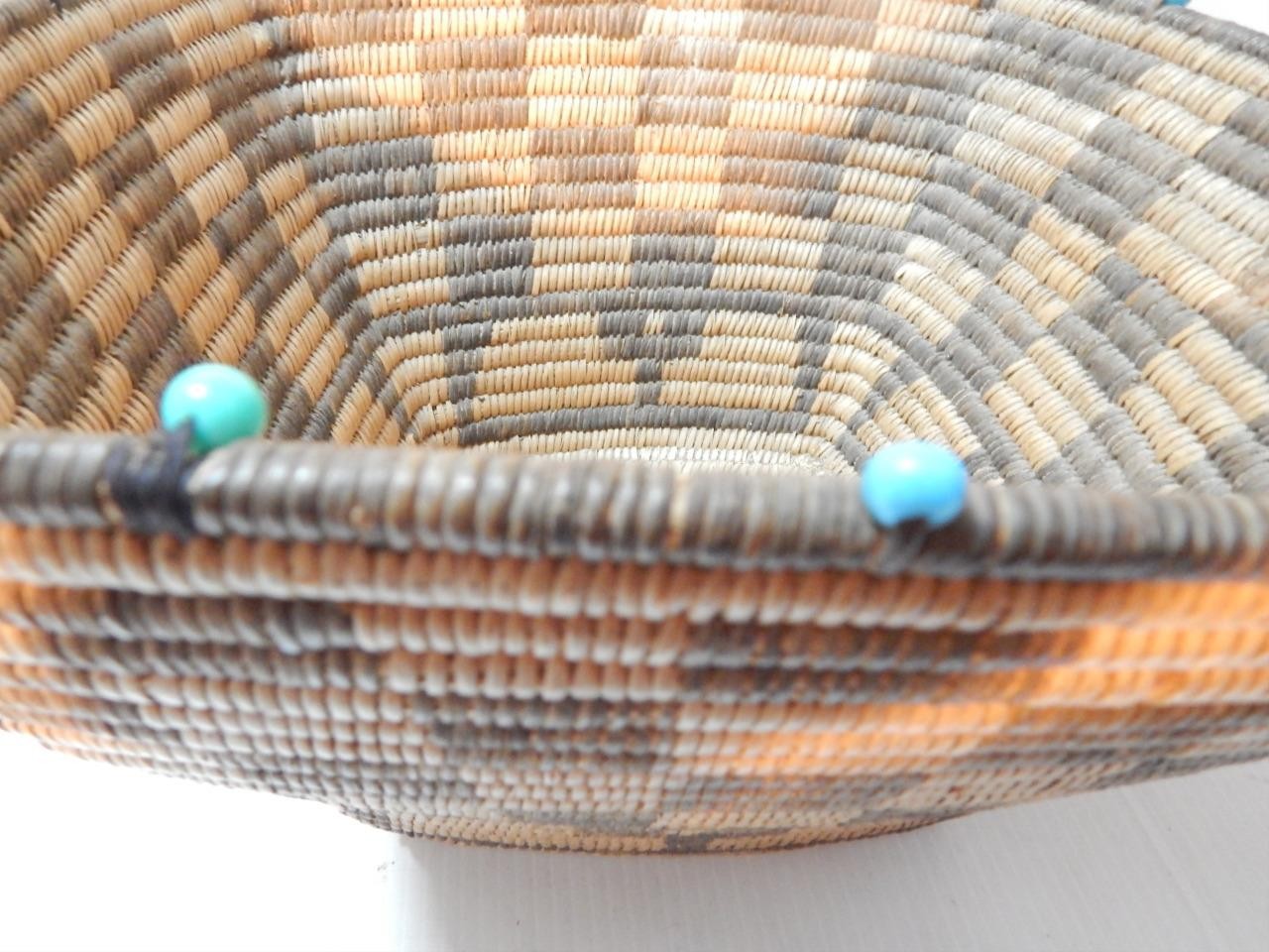 LARGE IMPORTANT ANTIQUE PIMA INDIAN BLUE PADRE BEADED SQUARE FORM BASKET