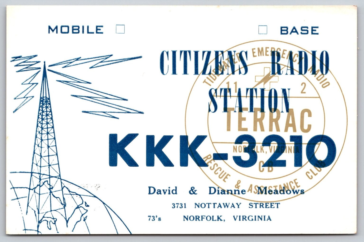 Vintage 1960s KKK-3210 CB Radio QSL Card Norfolk Virginia Ham Radio  C143