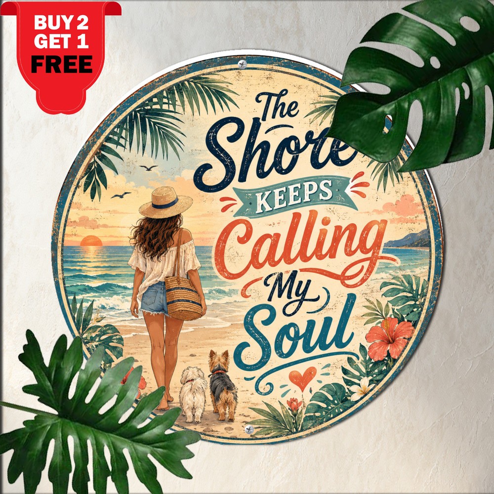 The Beach Is Calling Ocean Wave Round Metal Sign Summer Coast Travel Tin Plaque