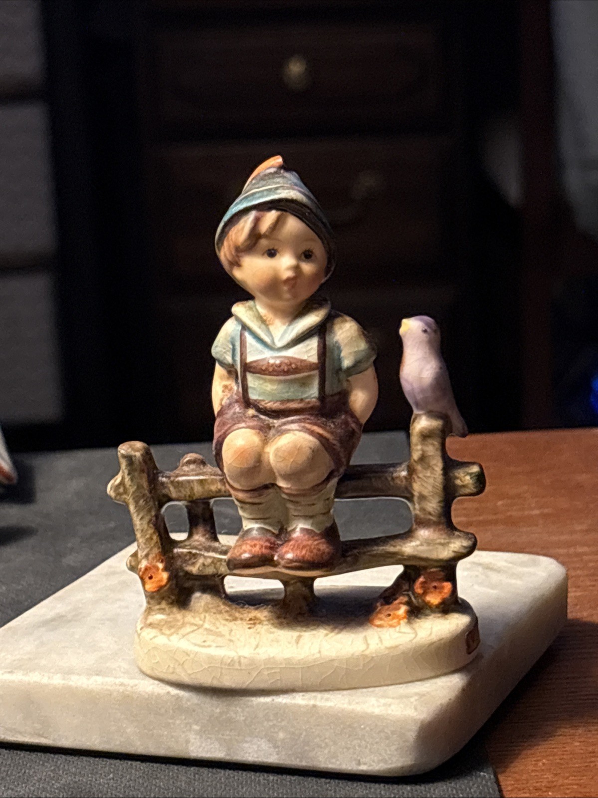 Hummel WAYSIDE HARMONY, Hum 111/1, TMK4 Goebel Boy Sitting on Fence w/Bird 