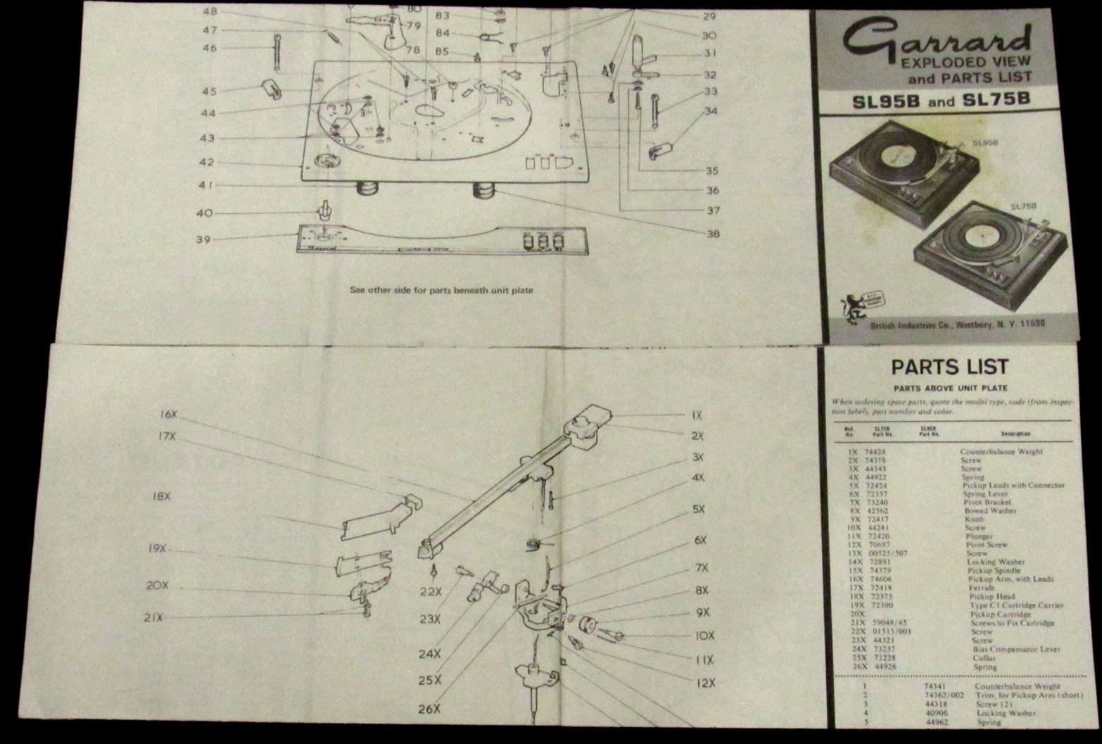 Garrard SL95B SL75B Exploded View and Parts List Original Service Repair Manual