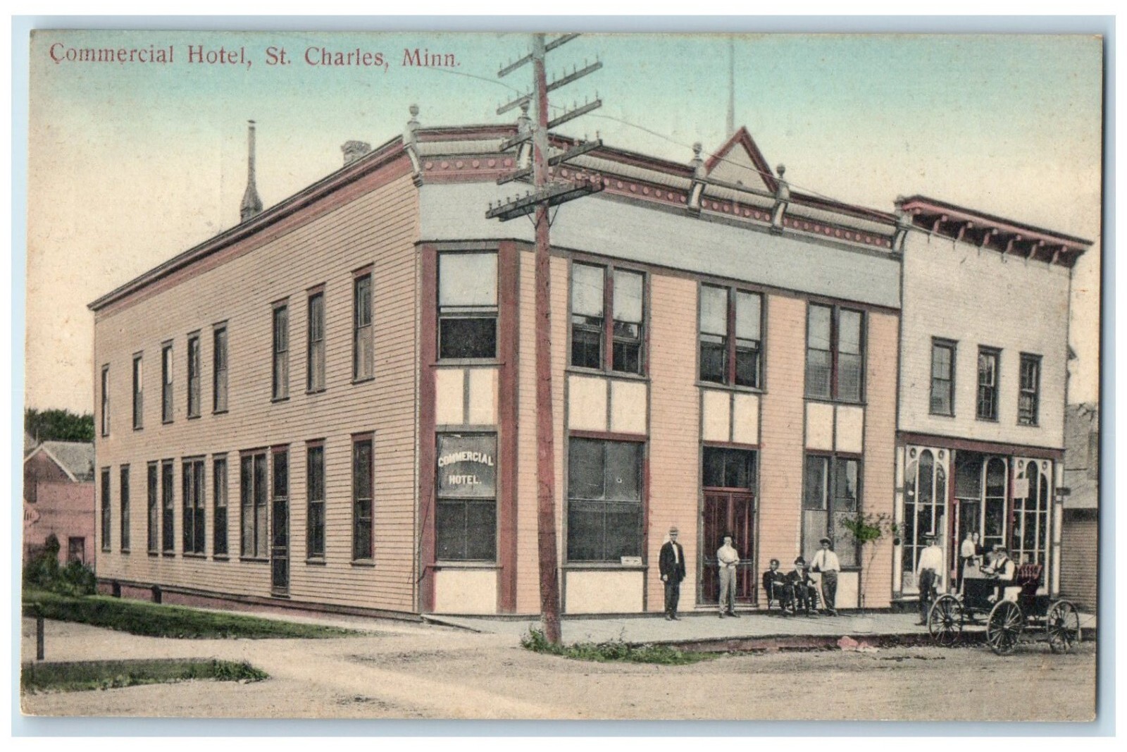 c1910's Commercial Hotel Building Car St. Charles Minnesota MN Antique Postcard
