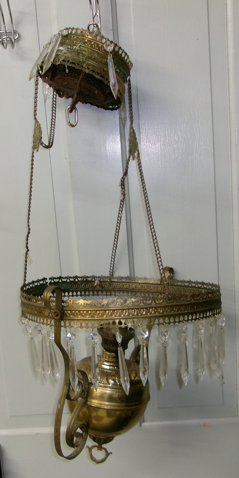 Antique Victorian Hanging Oil Lamp Frame Prisms - Repair Parts Restoration