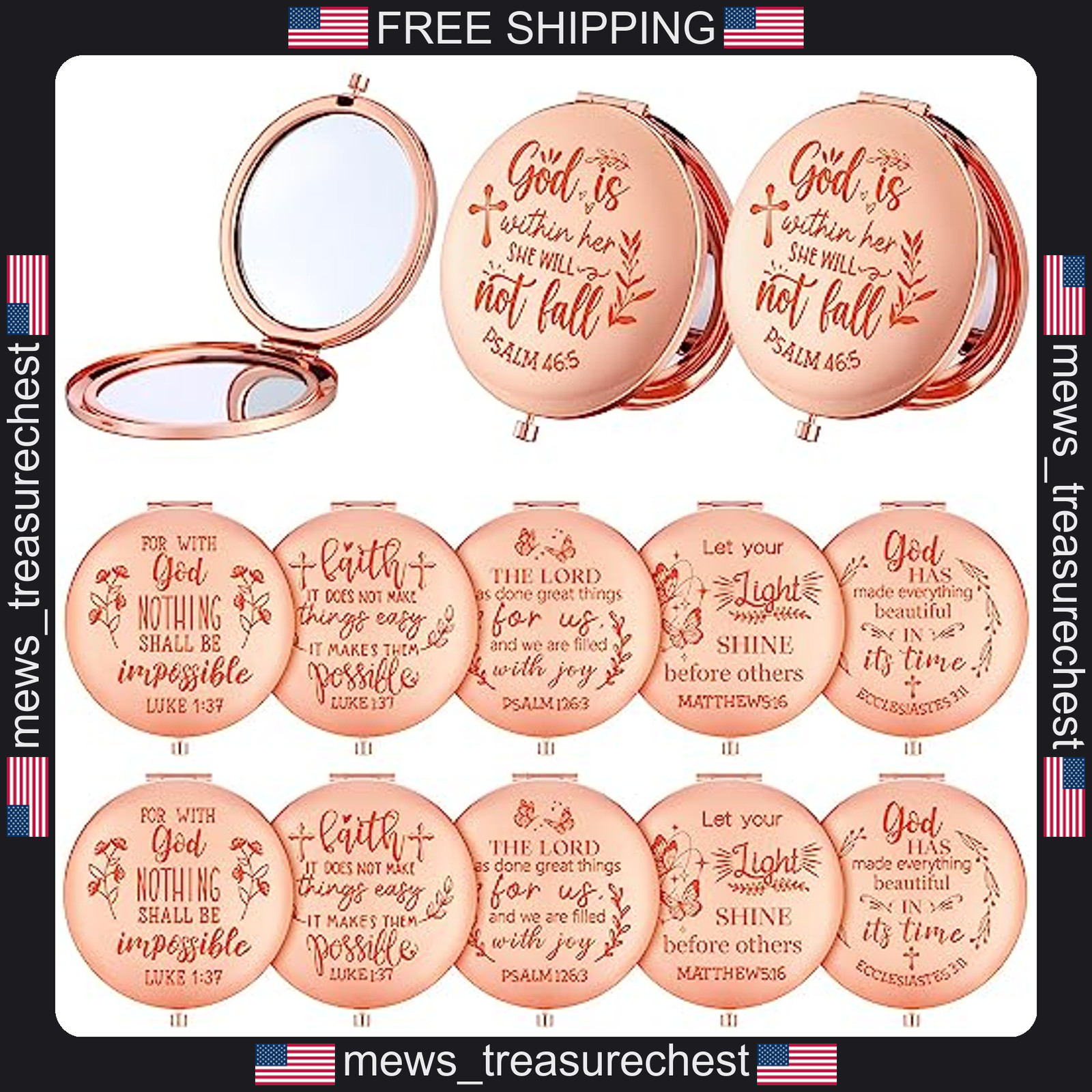Christian Pocket Mirrors Set of 12 Rose Gold Compact with Bible Verses