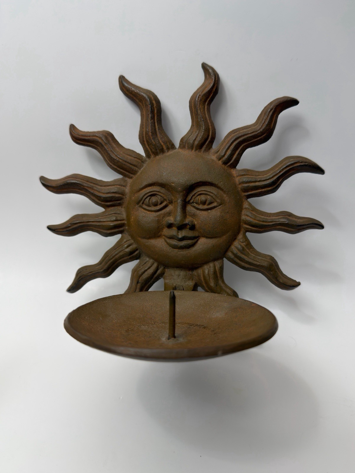 Vintage Cast Iron Celestial Smiling Sun Face Wall Sconce Hinged Candle Holder