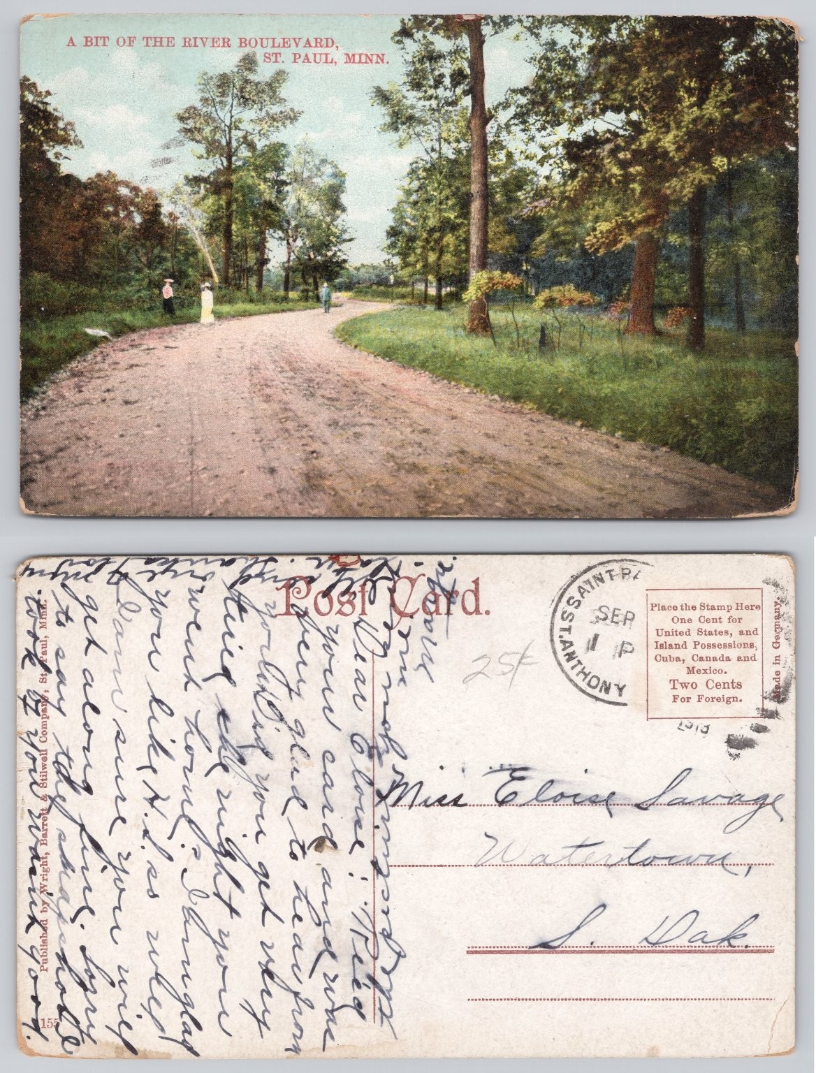 Vintage Postcard St. Paul MN River Boulevard Scenic Road 1913