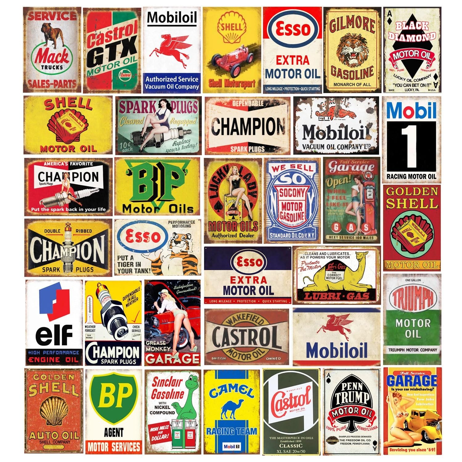 35 Pieces Reproduced Vintage Tin Signs, Gas Oil Retro Advert Antique Metal Si...