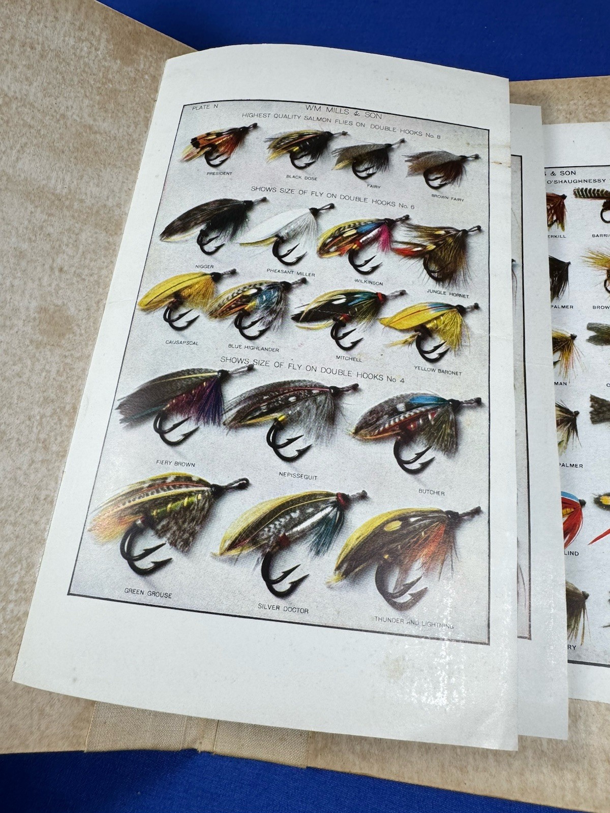 6 1920's William Mills & Son FISHING FLIES Plates, Displayed in Homemade Album