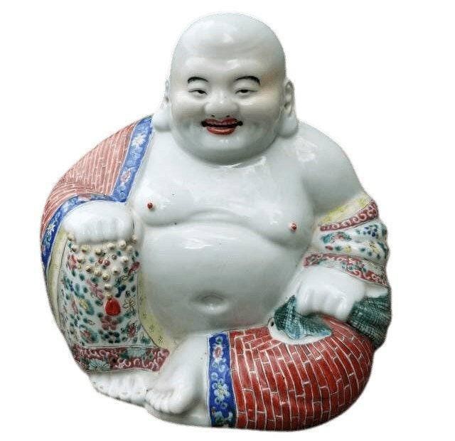 Antique Chinese Famille Rose Porcelain Happy Buddha Statue 10.5\