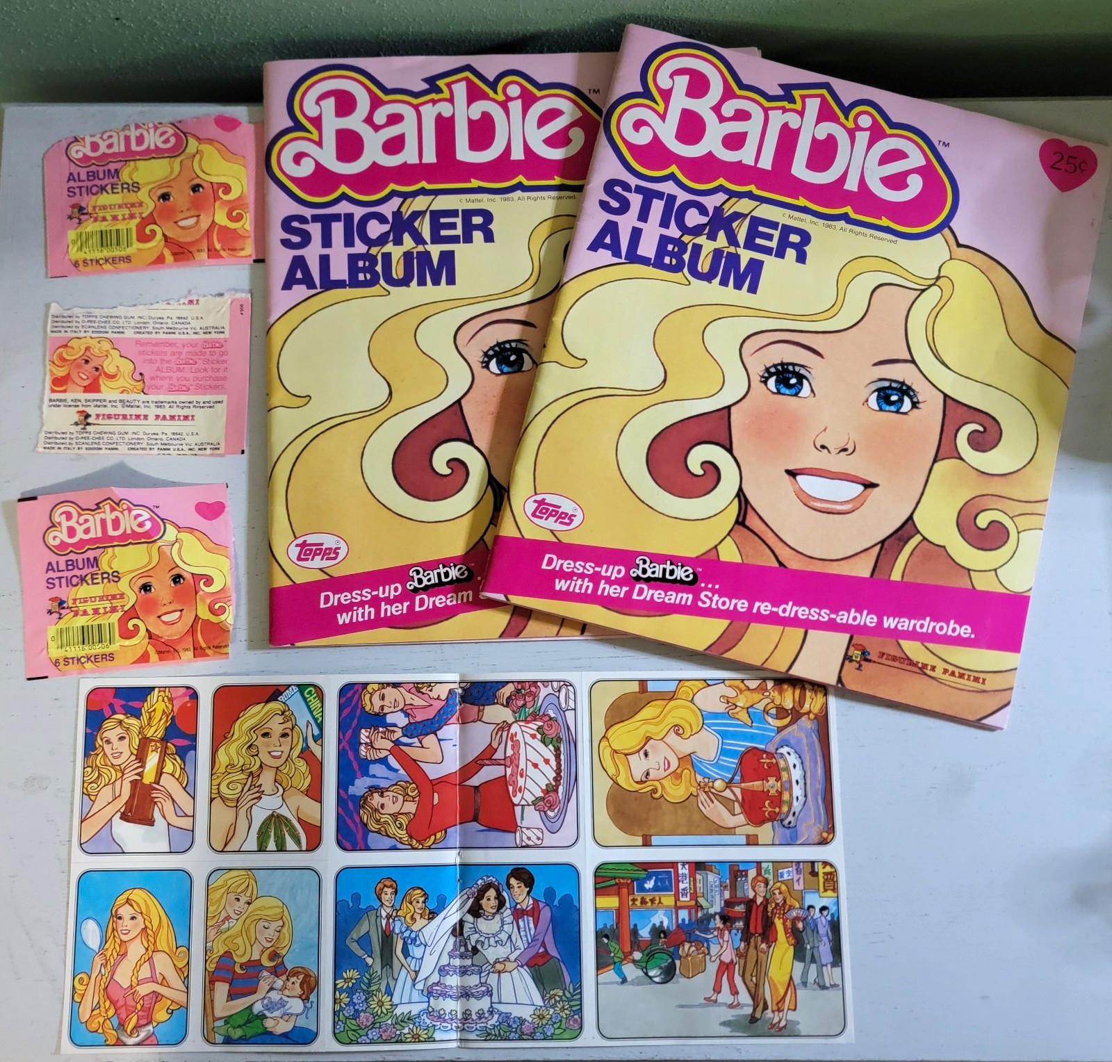 2 Vintage 1983 Topps / Panini Dress-up Barbie Sticker Albums packs & stickers