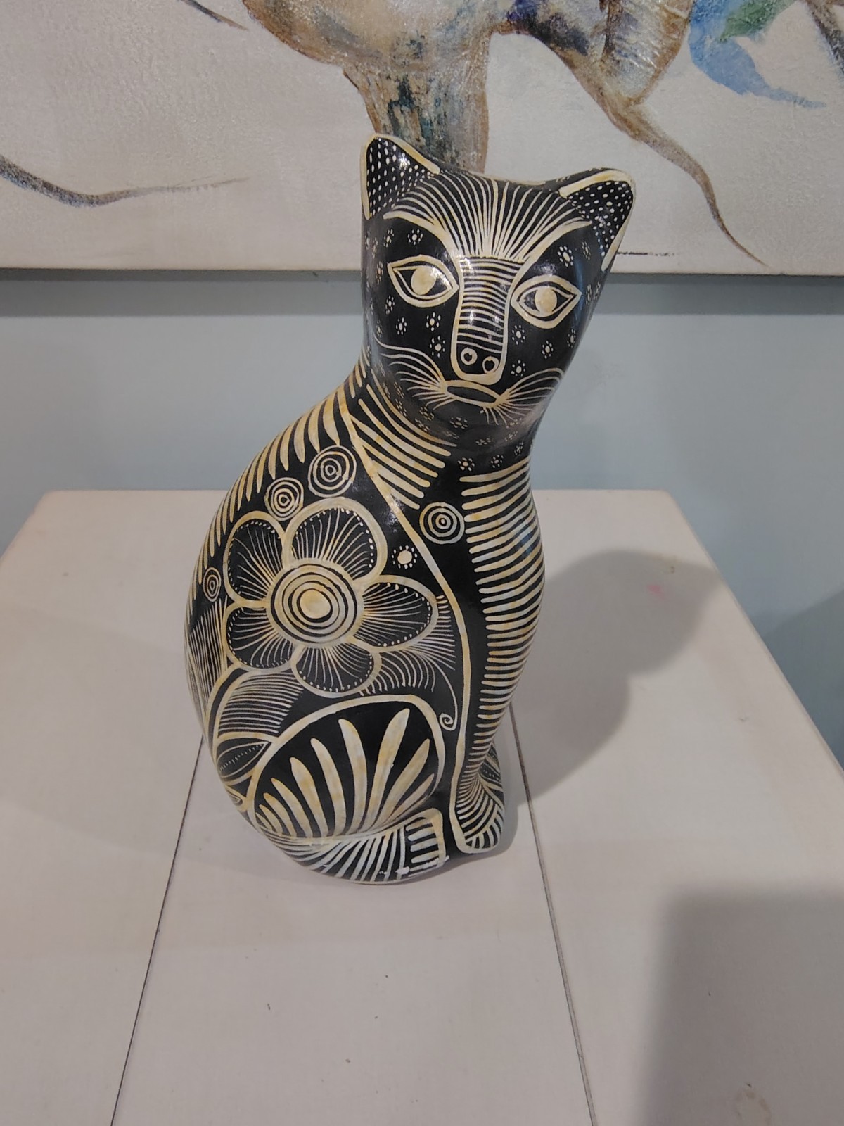 Vintage Folk Art Black & White Carved Pottery Cat Coin Bank Figurine 13.5