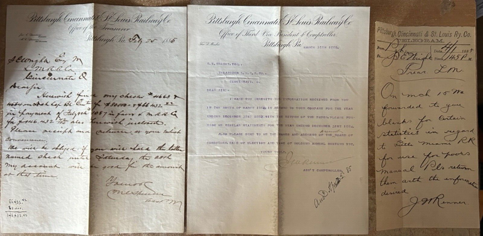 Pittsburgh Cincinnati St.Louis Railway Letters from Treasure, VP, 1885