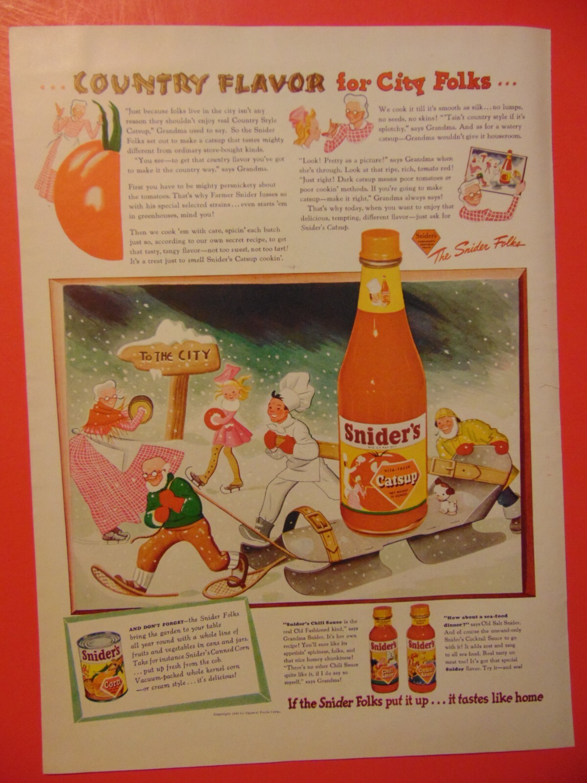 1945 Snider\'s Catsup Country Flavor for City Folks photo art print ad