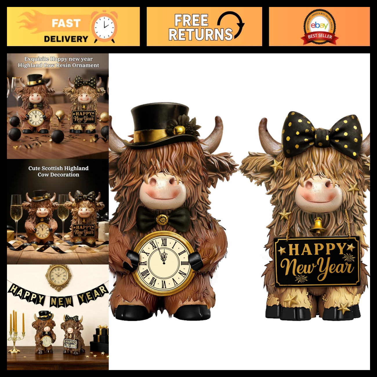 2 Pcs Highland Cow Figurines - Happy New Year Decor & Unique Gift Ideas