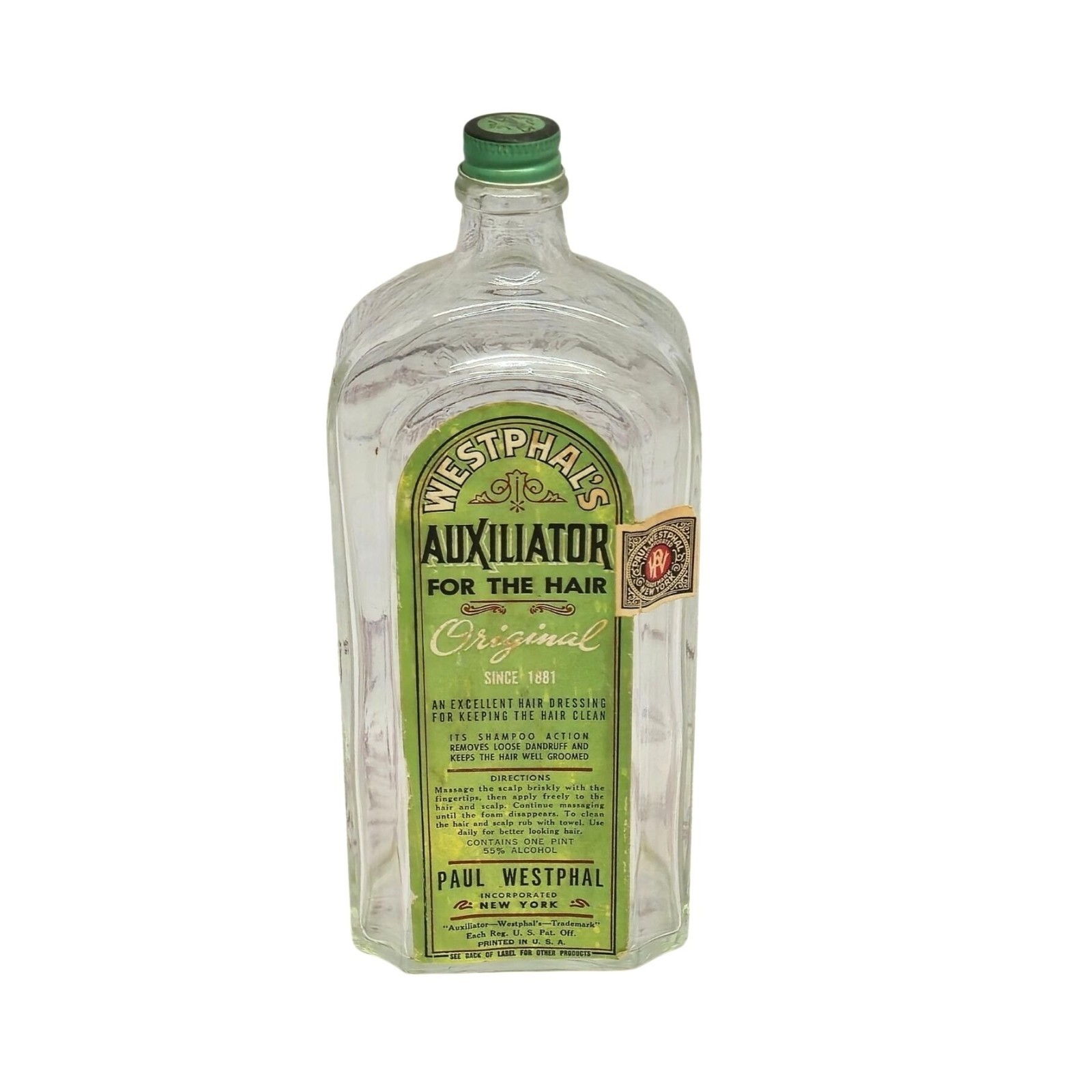 Antique Bottle Paul Westphal Auxiliator for the HairPaper Label intact New York
