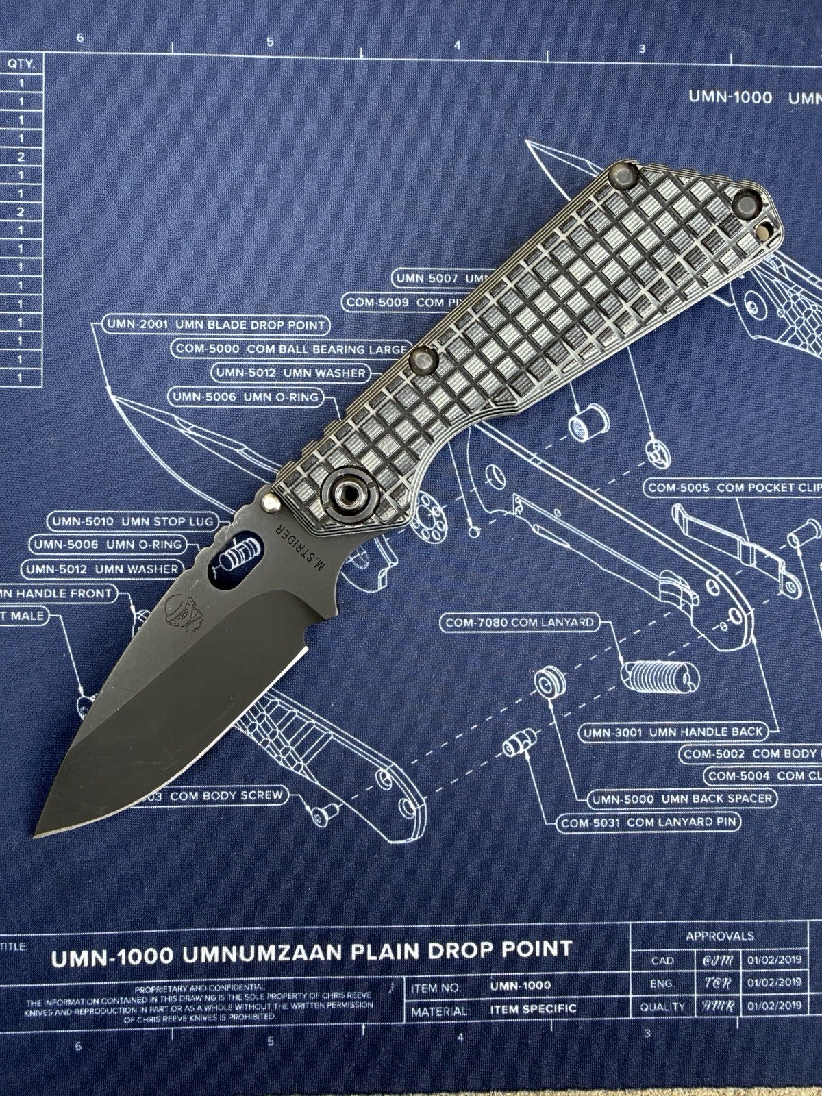 M. Strider Knives MEFP CPM-3V SnG, Black PVD, Gray Monkey Edge Frag Pattern G-10