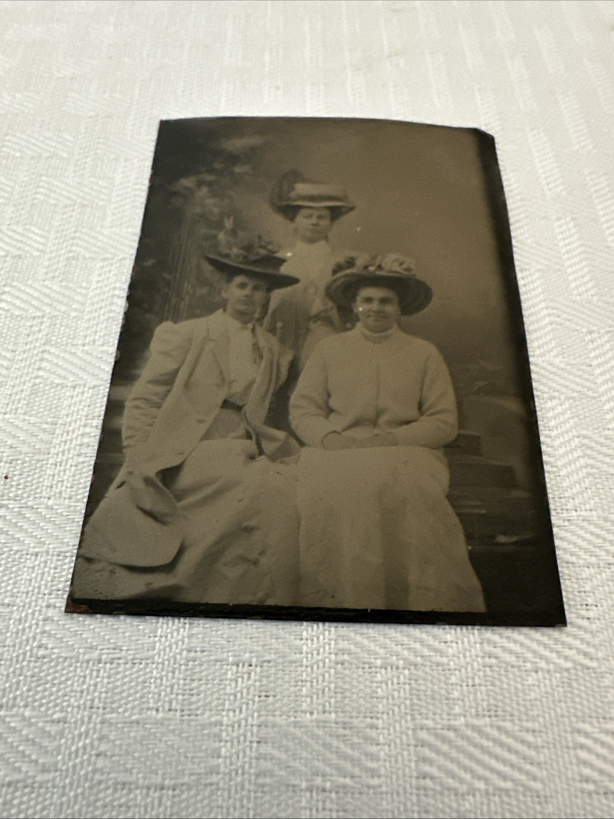 Tintype Photo of Three Victorian Well Dressed Women Hats 3.5 x 2.5 Inch