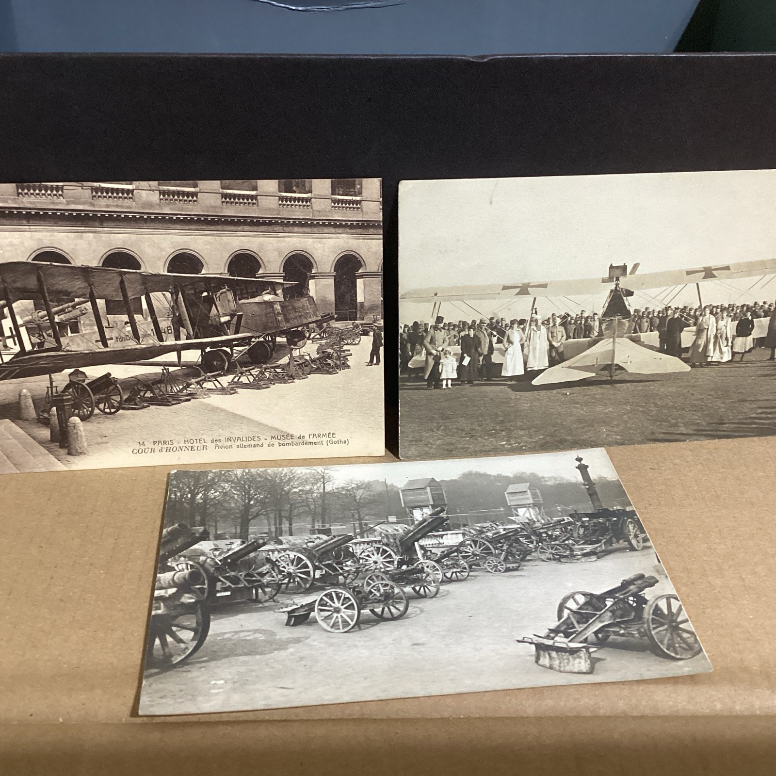 3 French WWI RPPC'S Postcards of Captured German Biplanes Artillery