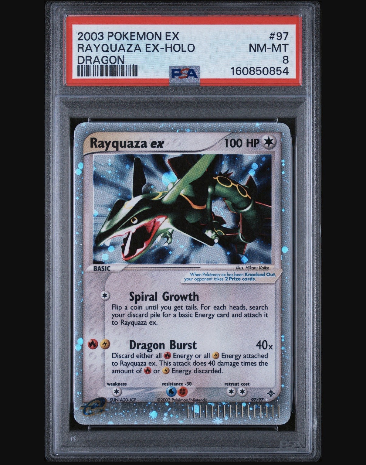 2003 POKEMON EX DRAGON #97 RAYQUAZA EX-HOLO PSA 8 NEW CERT