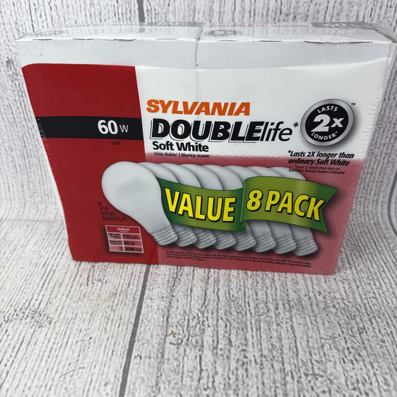 Sylvania 8 pack 60W Soft White Double Life incandescent Light Bulbs  NEW Sealed 