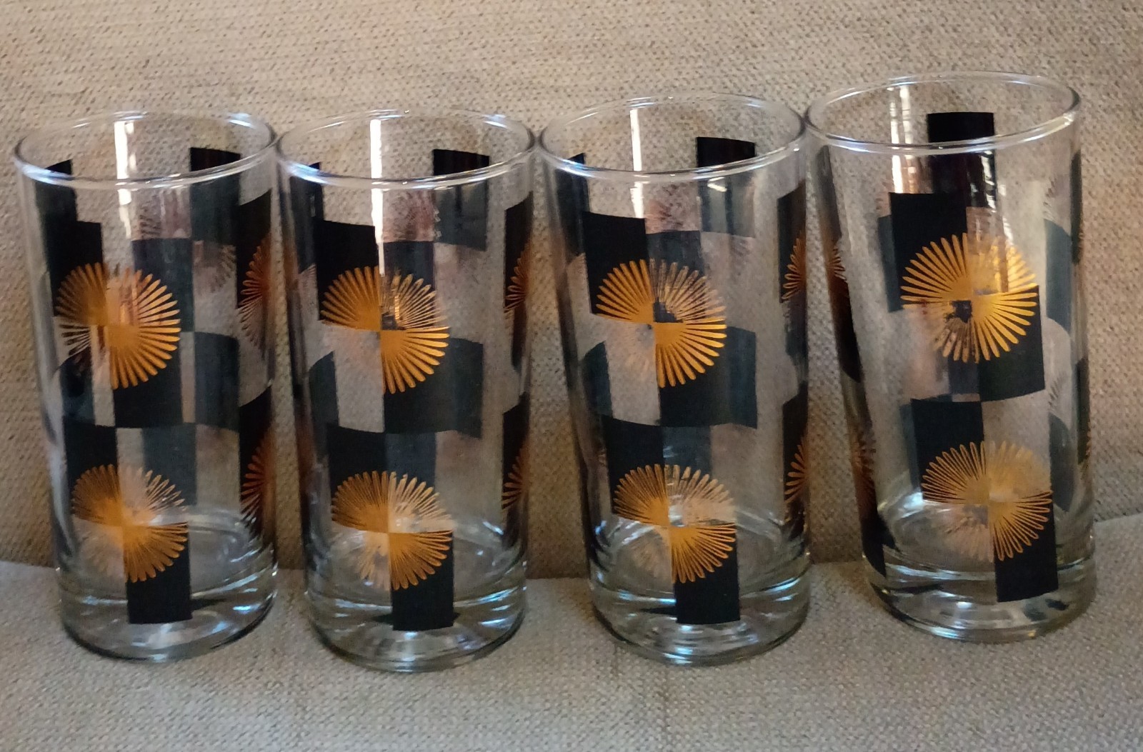 4 Vintage MCM Gold & Black Atomic Starburst Barware Highball  Glasses