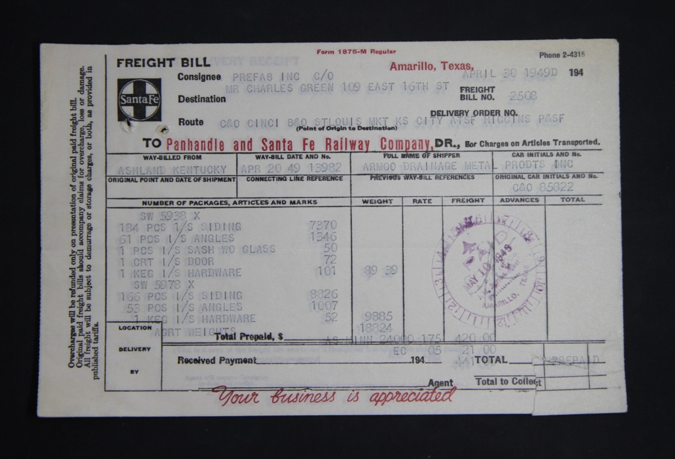 1949 AT&SF / Panhandle & Santa Fe Railroad Freight Bill, Amarillo Texas