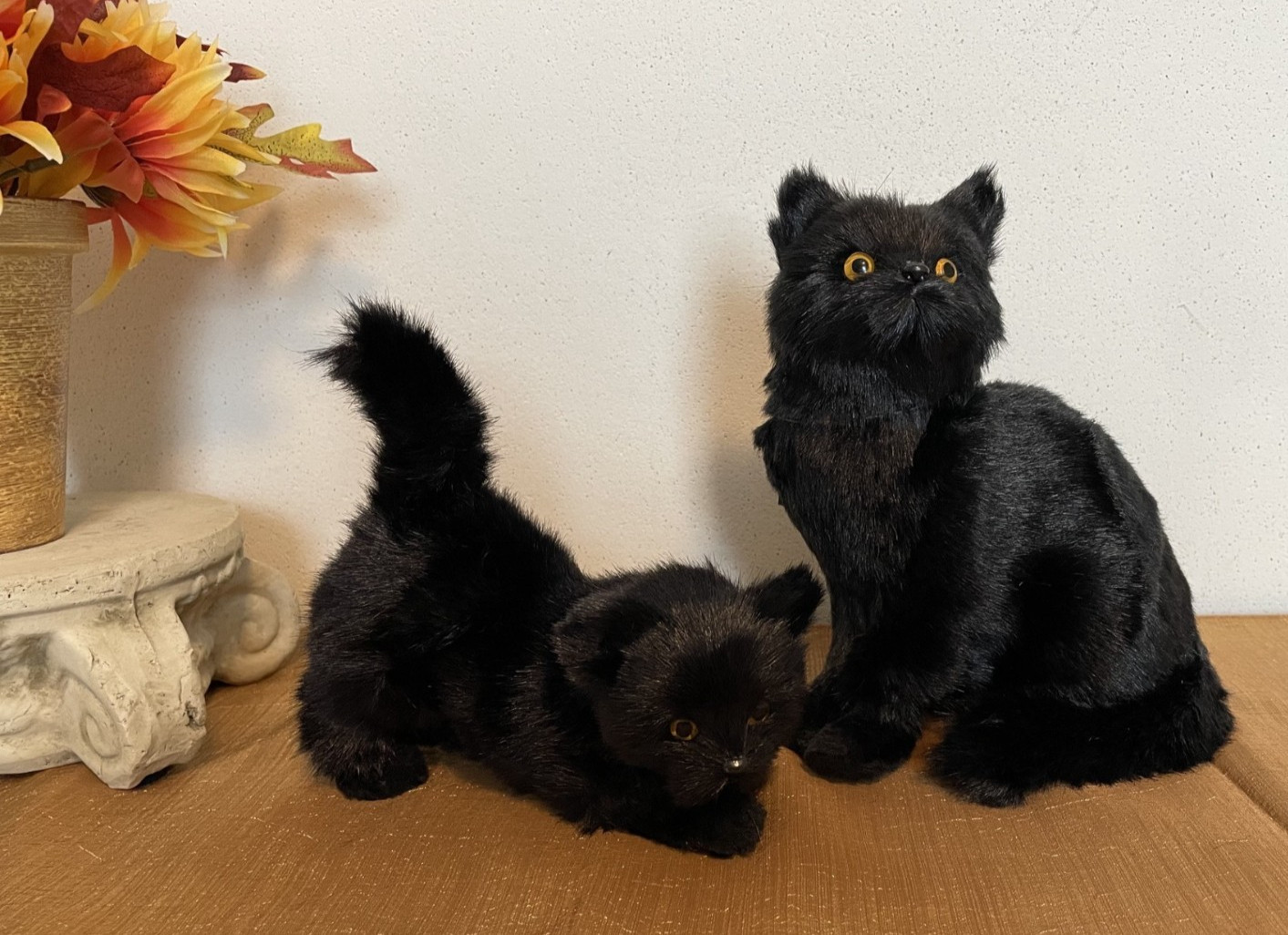 Ragon House Set of 2 Black Halloween Furry Cat figurines, Faux Fur NWT