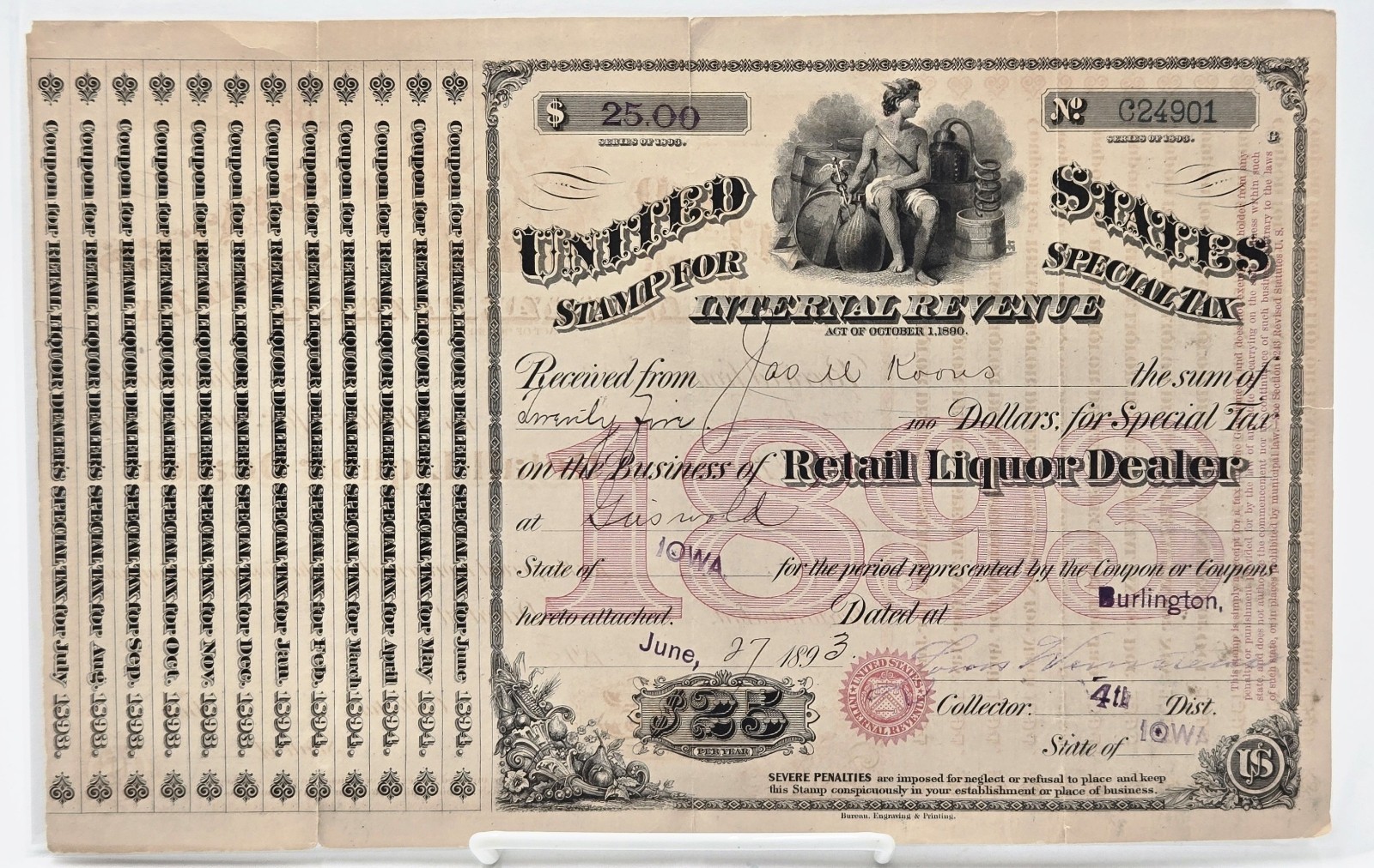 Vintage 1893 Retail Liquor Dealer Tax Stamp Certificate Uncut Coupon Iowa 1890