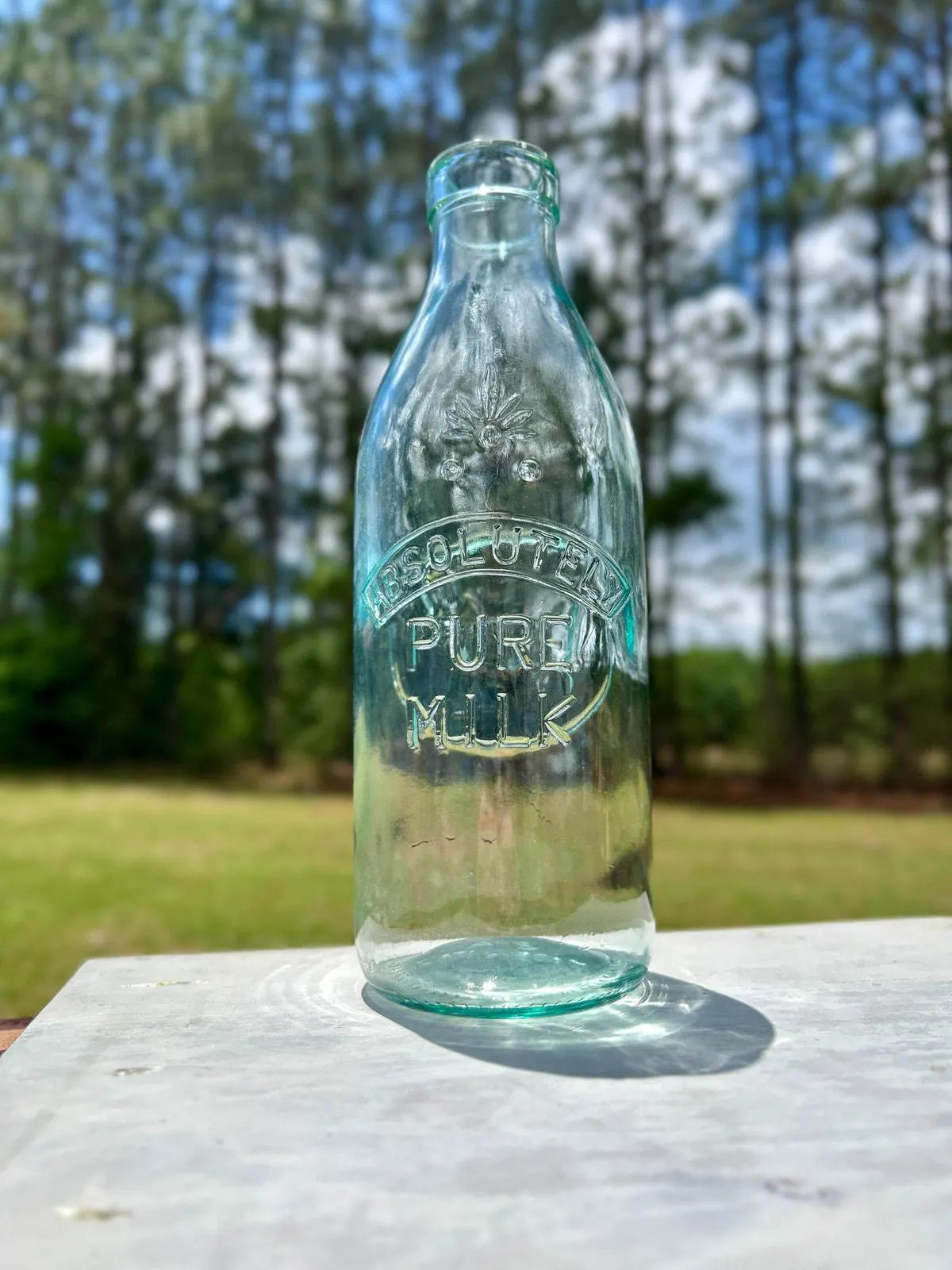 Vintage Absolutely Pure Milk Bottle Aqua Glass Embossed Cow Quart Dairy Bottle