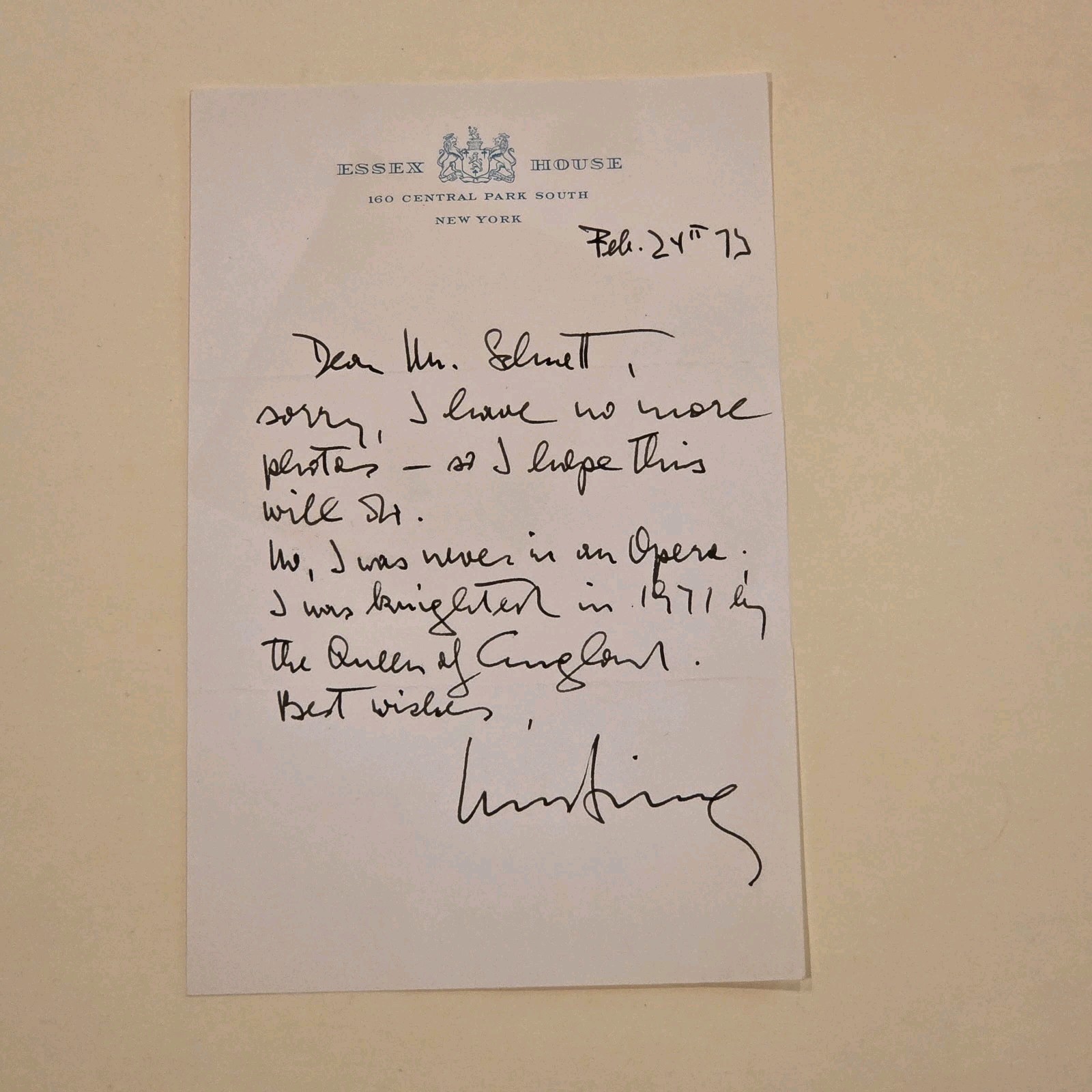 Sir Rudolf Bing New York Met Opera Handwritten Signed Letter Autograph Auto NY