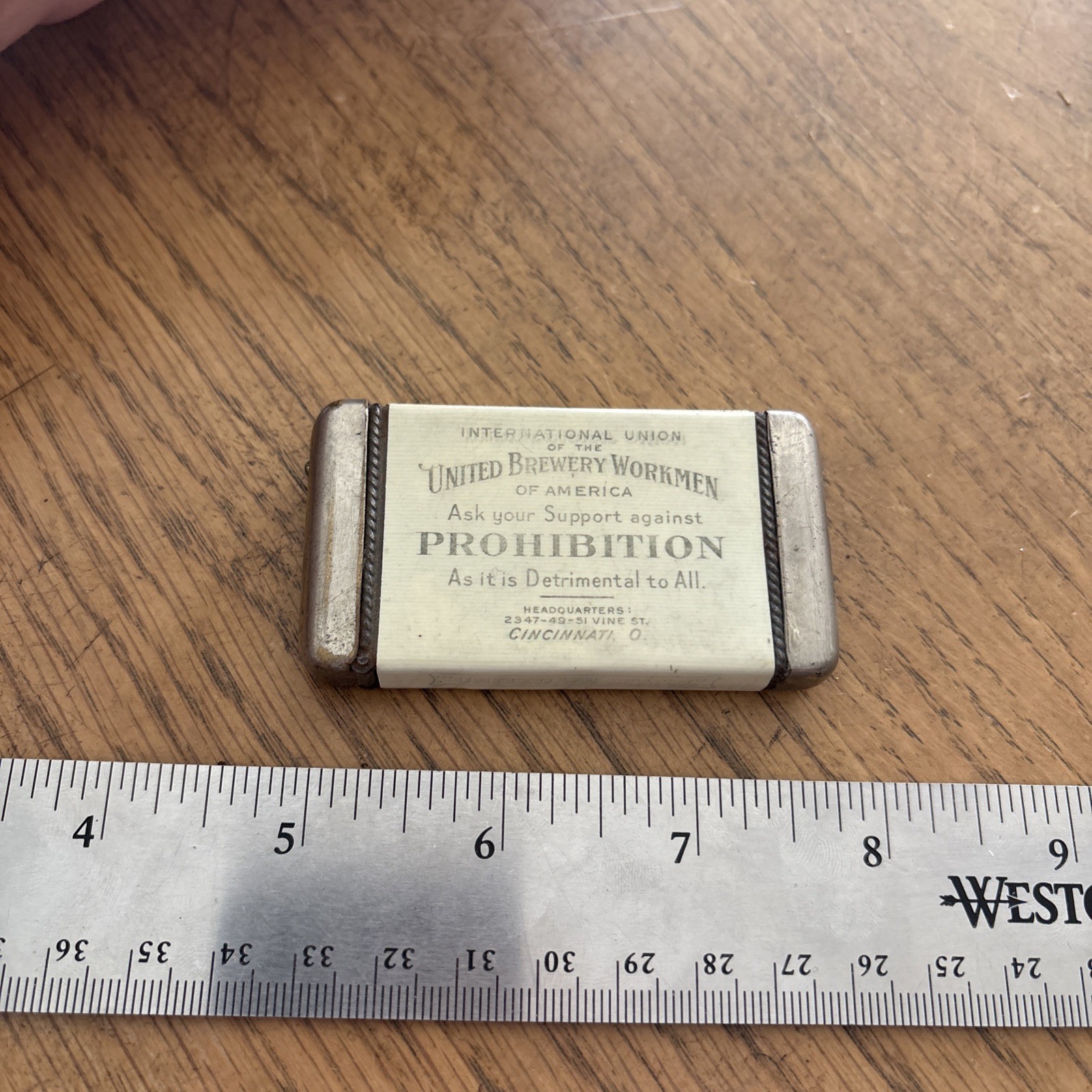 Early Advertising Match Safe Brewery Workmen Union Against Prohibition - Rare