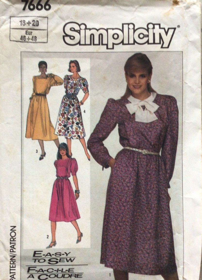 SIMPLICITY 7666 MISSES' SIZE 18-20 DRESSES W/VARIATIONS SEWING PATTERN ©1986 CUT
