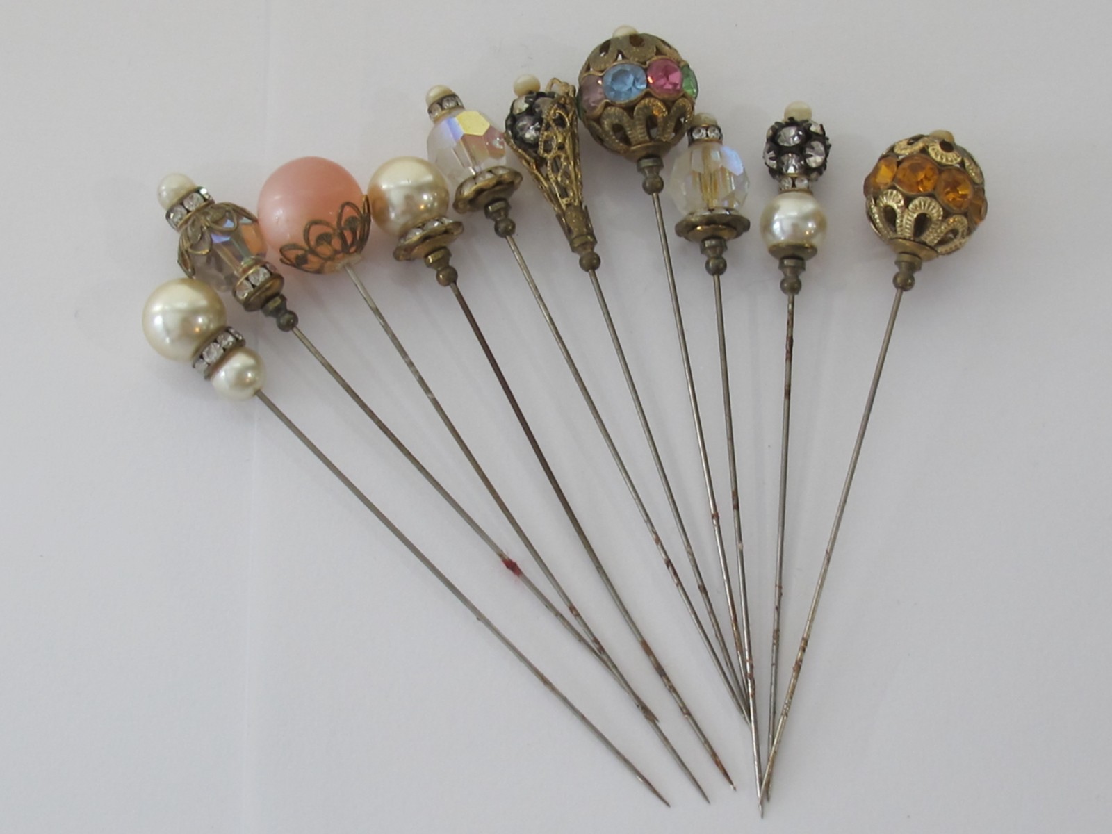 Antique Estate Lot 10 Victorian Hat Pins Brass Art Faux Pearl Glass D4