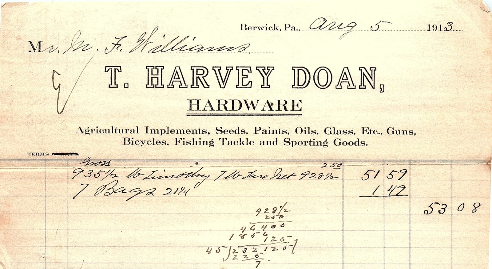 1913 T. Harvey Doan Hardware Berwick PA Billhead
